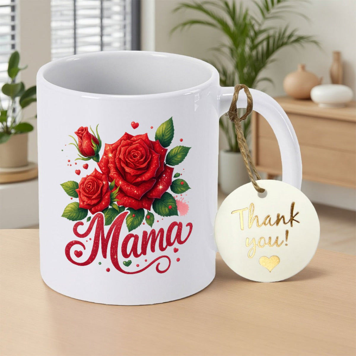 Tailorly White Ceramic 11 oz Mug - Mama Thank You Vibrant Blooming Red Roses With Green Leaves And Floating Hearts Rose