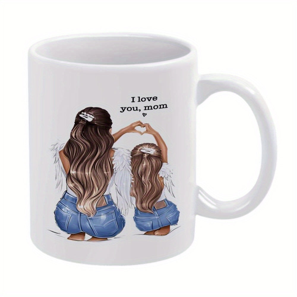 Tailorly White Ceramic 11 oz Mug - I Love You Mom Hand Drawn Mother And Daughter With Angel Wings Making Heart Sign Design