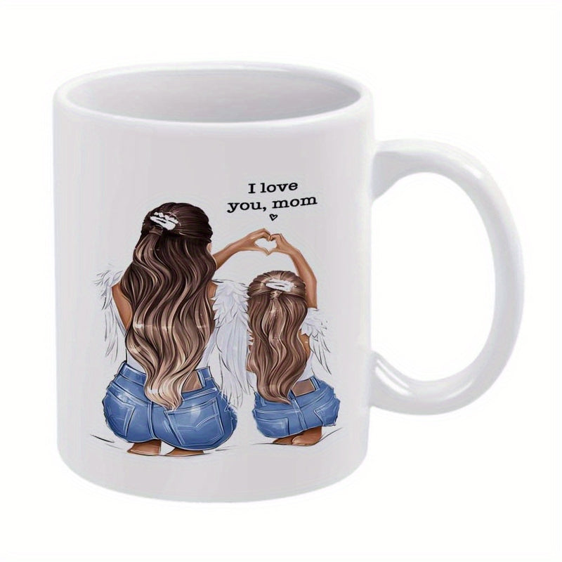 Tailorly White Ceramic 11 oz Mug - I Love You Mom Hand Drawn Mother And Daughter With Angel Wings Making Heart Sign Design