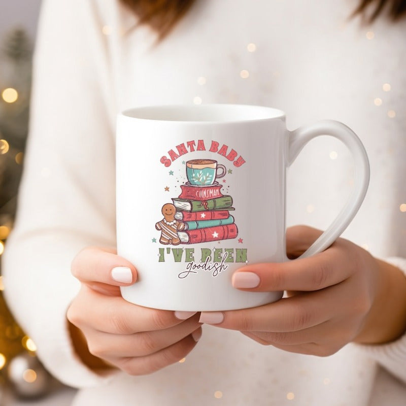Tailorly White Ceramic 11 oz Mug - Santa Baby Ive Been Goodish Festive Stack Of Colorful Christmas Books With A Gingerbread Man Starry Mug