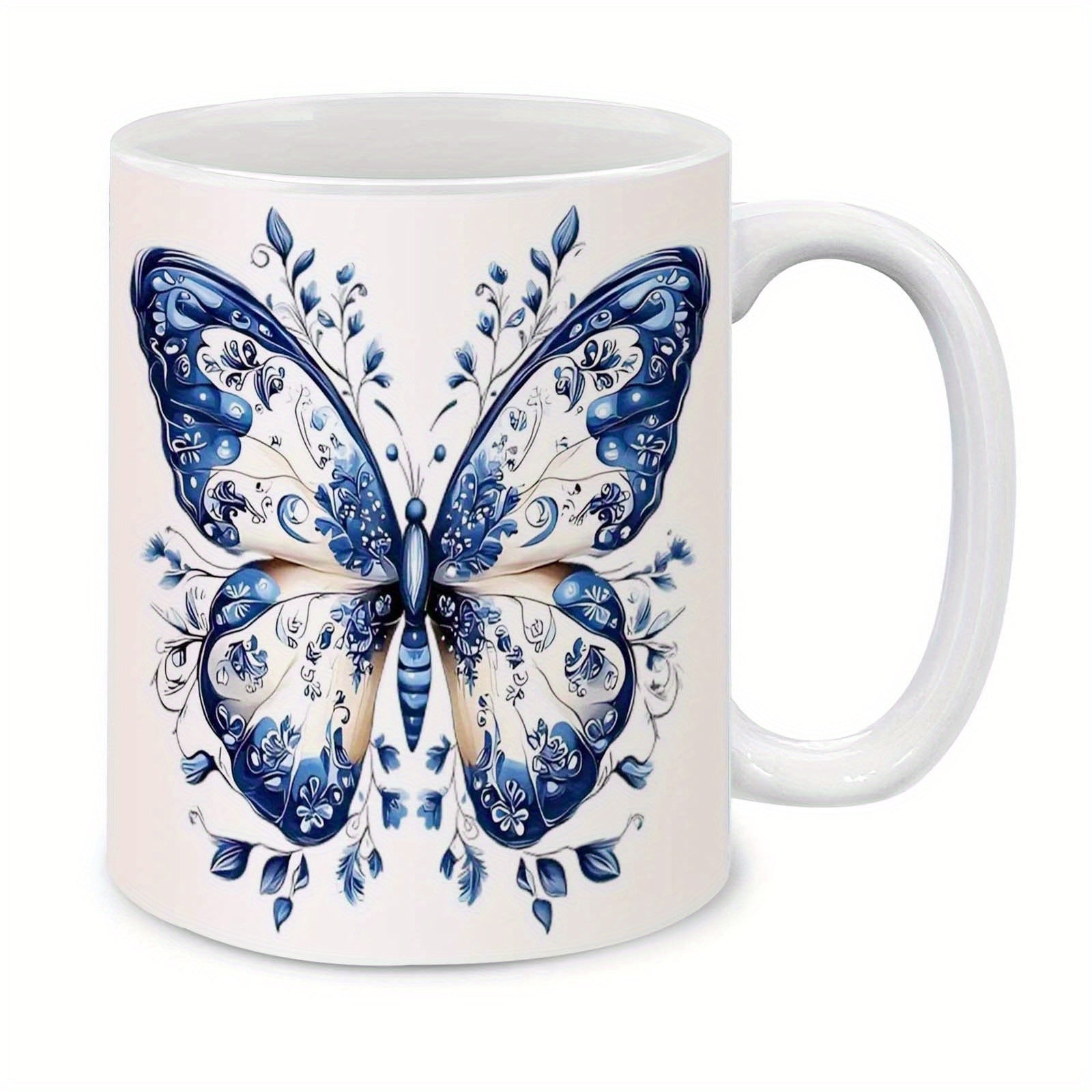 Tailorly White Ceramic 11 oz Mug - Ornate Blue Floral Patterns Decorating Delicate Wings Of A Majestic Butterfly