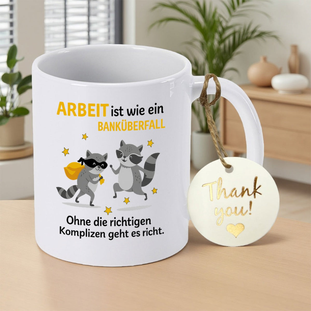 Tailorly White Ceramic 11 oz Mug - Thank You Two Playful Bandit Raccoons Dancing Under Bright Golden Stars Raccoon