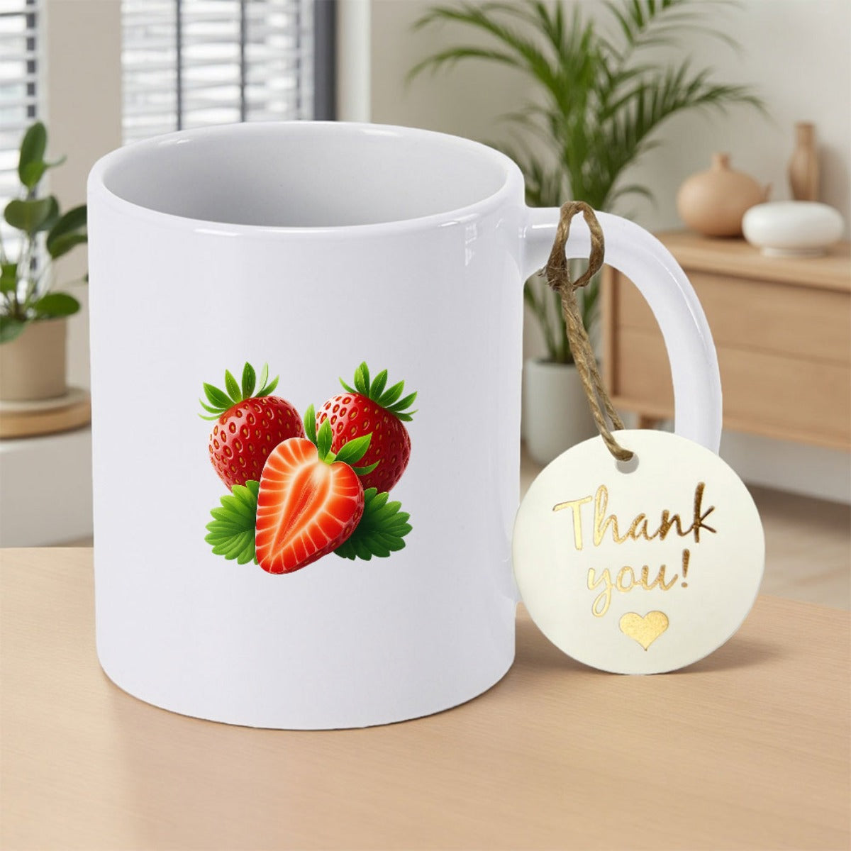 Tailorly White Ceramic 11 oz Mug - Thank You Fresh Ripe Red Berries With Green Leaves And Sliced Fruit Strawberry