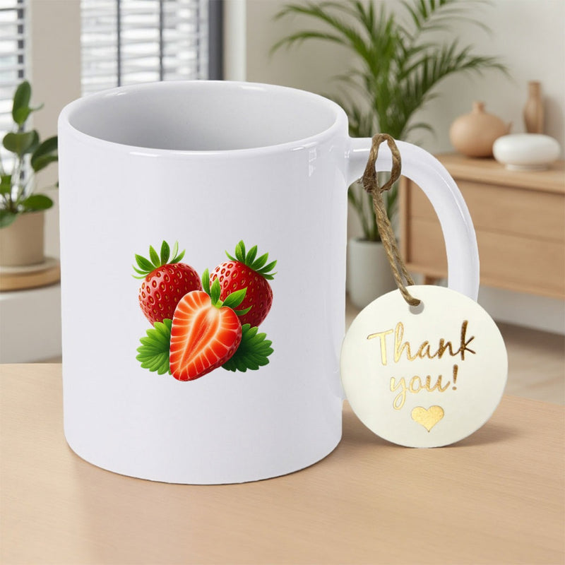 Tailorly White Ceramic 11 oz Mug - Thank You Fresh Ripe Red Berries With Green Leaves And Sliced Fruit Strawberry