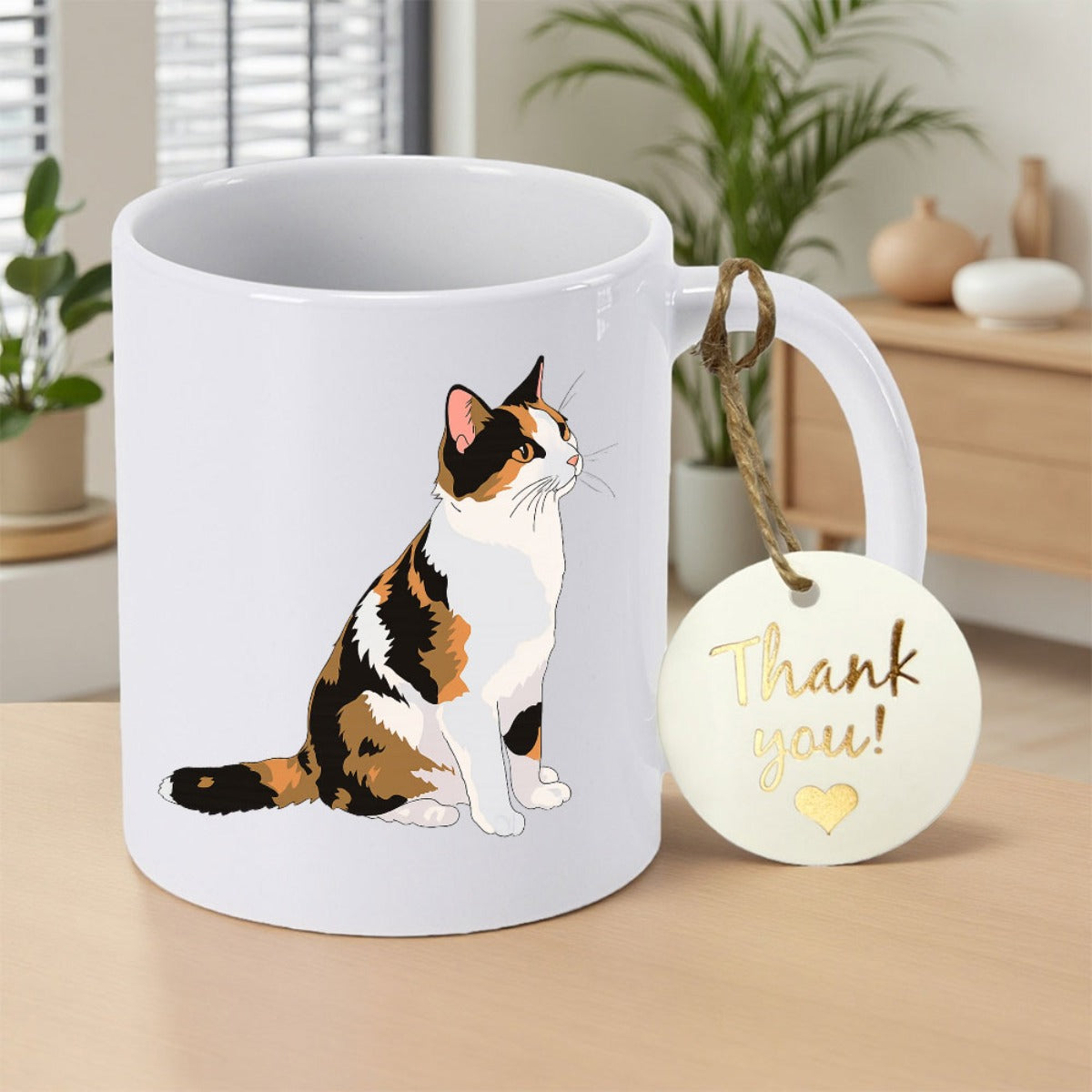 Tailorly White Ceramic 11 oz Mug - Thank You Beautiful Hand Painted Calico Sitting In Alert Pose Realistic Cat