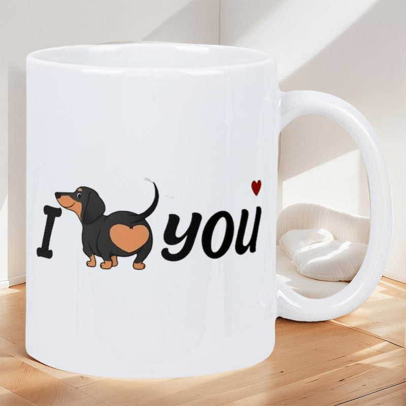 Tailorly White Ceramic 11 oz Mug - I You Charming Cartoon Dachshund With Heart Shaped Bottom Standing Between Romantic Words Dachshund