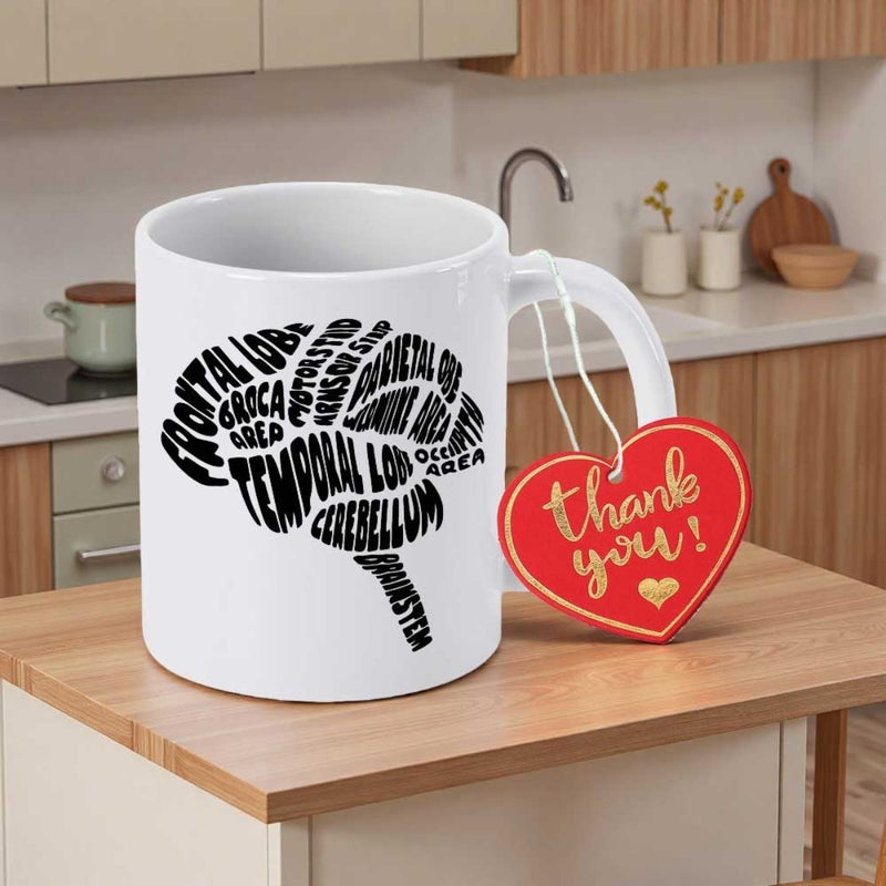 Tailorly White Ceramic 11 oz Mug - Frontal Lobe Temporal Lobe Anatomical Silhouette Composed Of Educational Scientific Terminology Human Brain