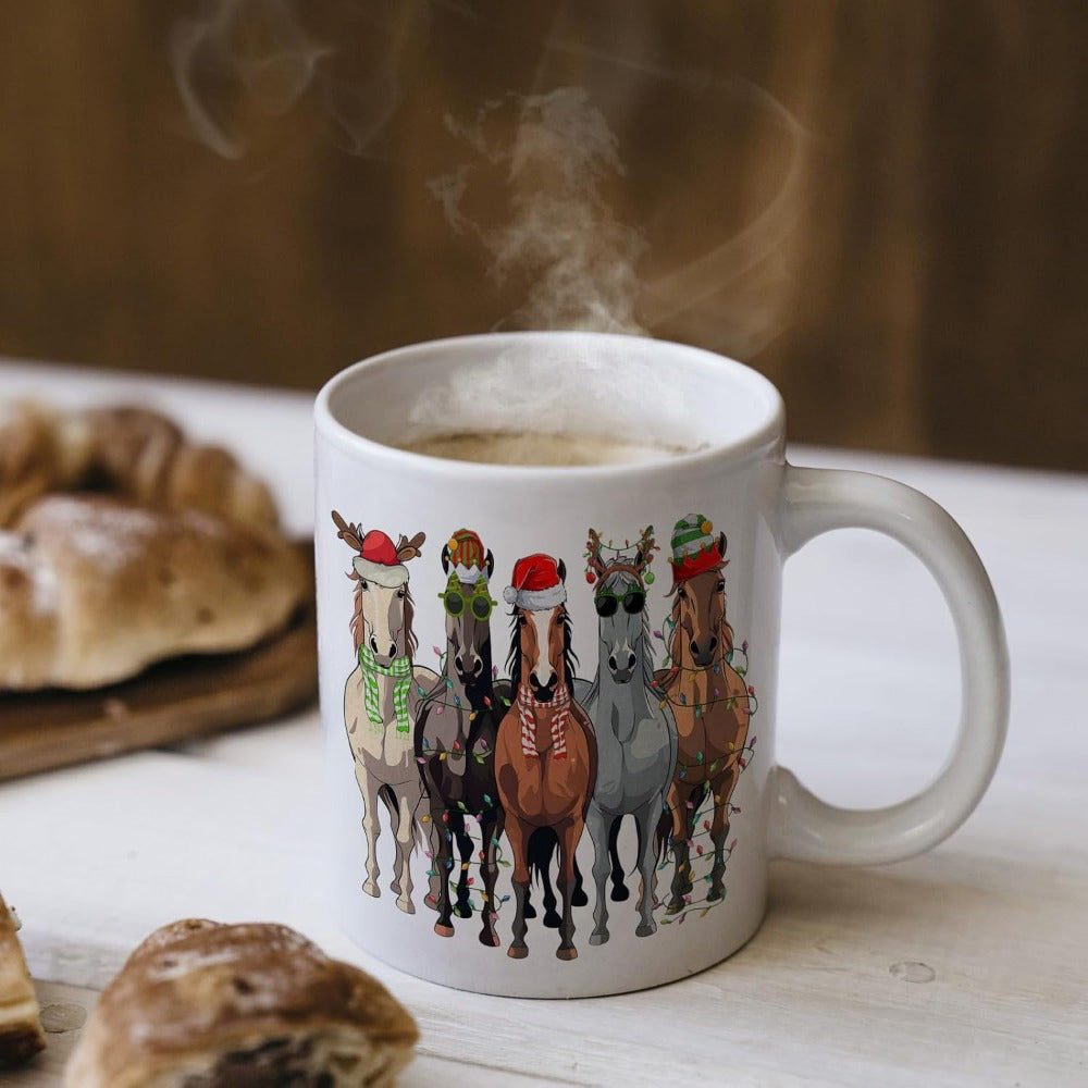Tailorly White Ceramic 11 oz Mug - Five Festive Stallions Wearing Santa Hats And Reindeer Antlers Horse