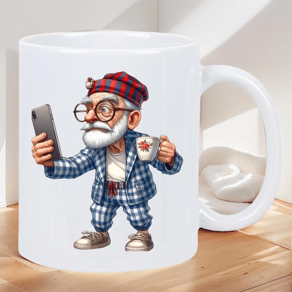 Tailorly White Ceramic 11 oz Mug - Whimsical Elderly Gentleman Wearing Blue Plaid Suit And Red Hat Man