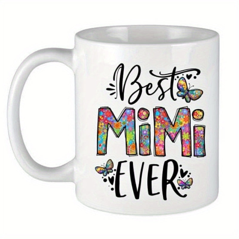 Tailorly White Ceramic 11 oz Mug - Best Mimi Ever Colorful Fluttering Butterflies With Decorative Hearts And Floral Patterned Text Mug