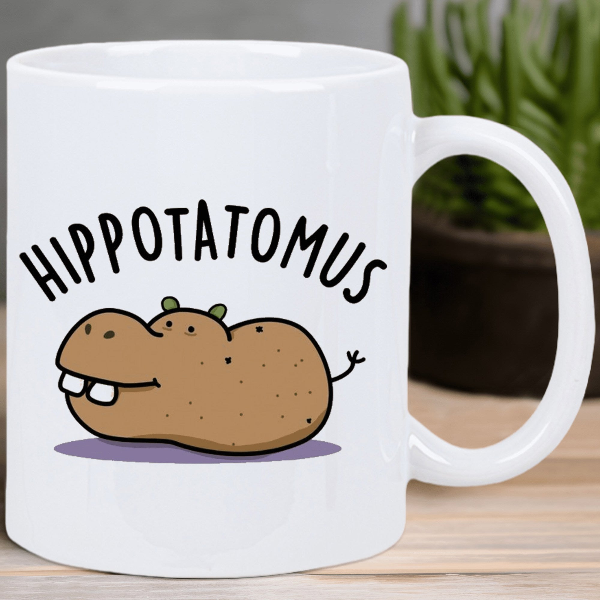 Tailorly White Ceramic 11 oz Mug - Hippotatomus Funny Whimsical Potato Hybrid Character Smiling On White Background Hippo