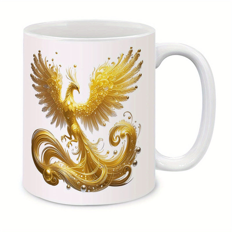Tailorly White Ceramic 11 oz Mug - Majestic Golden Mythical Bird With Spreading Wings And Flowing Swirly Tail Phoenix