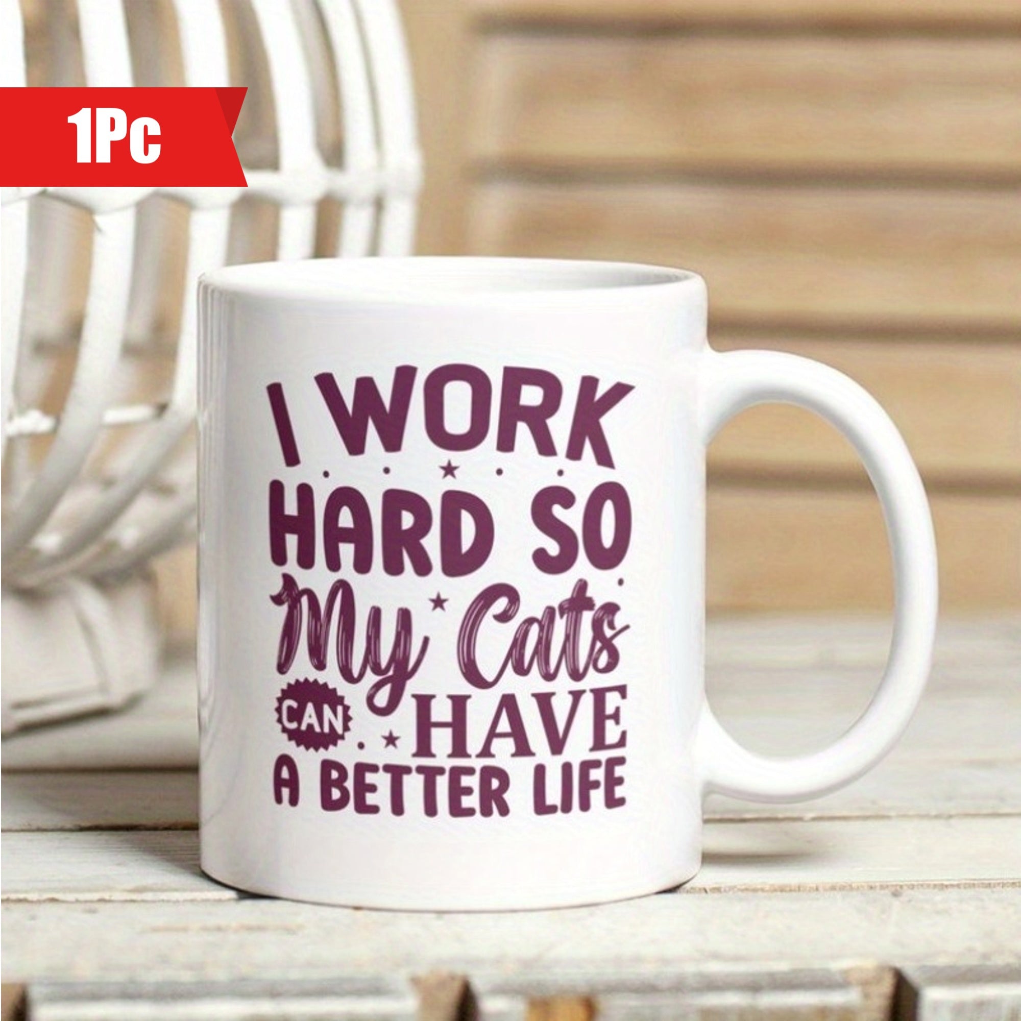 Tailorly White Ceramic 11 oz Mug - I Work Hard So My Cats Can Have A Better Life Artistic Purple Typography Decorated With Small Stars On Minimalist Background