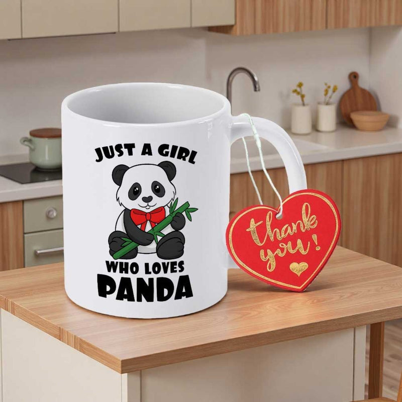 Tailorly White Ceramic 11 oz Mug - Just A Girl Who Loves Panda Cute Cartoon Style Sitting Panda Holding Bamboo With Red Bow Tie Panda