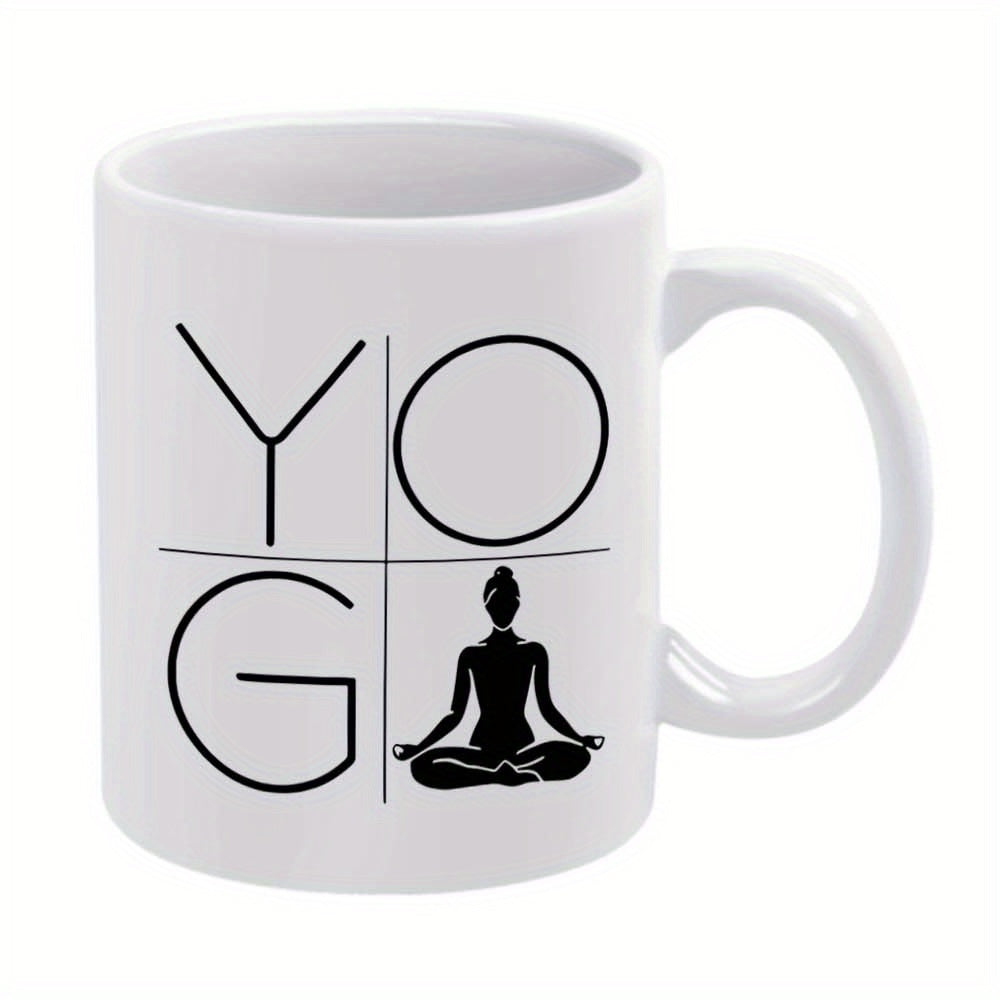 Tailorly White Ceramic 11 oz Mug - Yoga Minimalist Black Silhouette Person Meditating Within Simple Four Quadrant Grid Mug