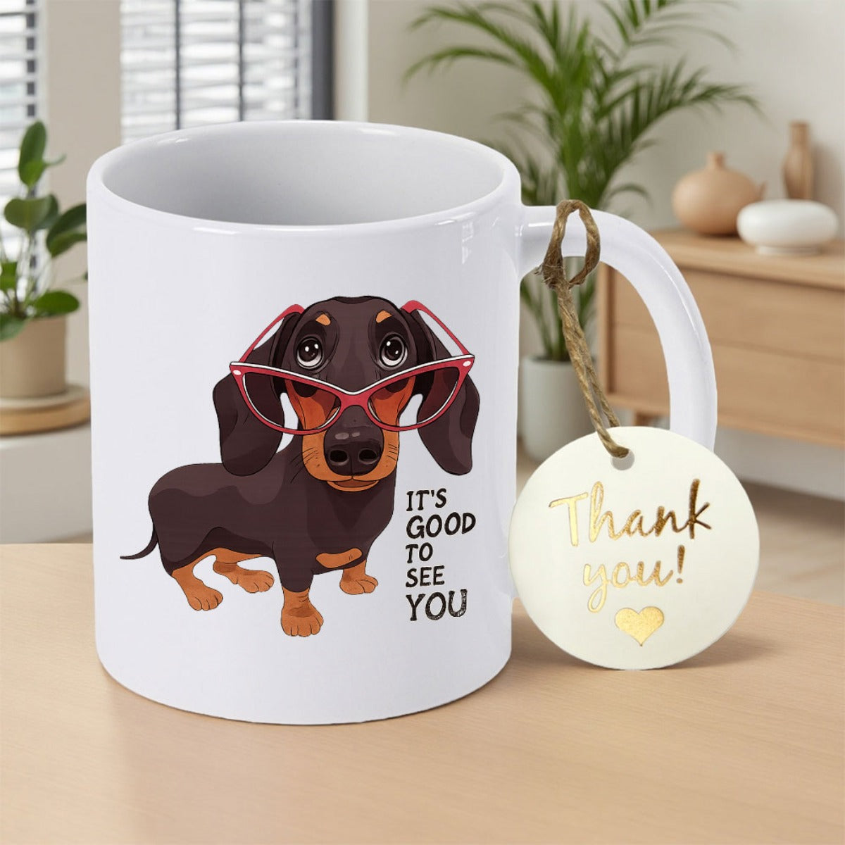 Tailorly White Ceramic 11 oz Mug - Its Good To See You Playful Cartoon Brown Pup Wearing Stylish Red Glasses Dachshund