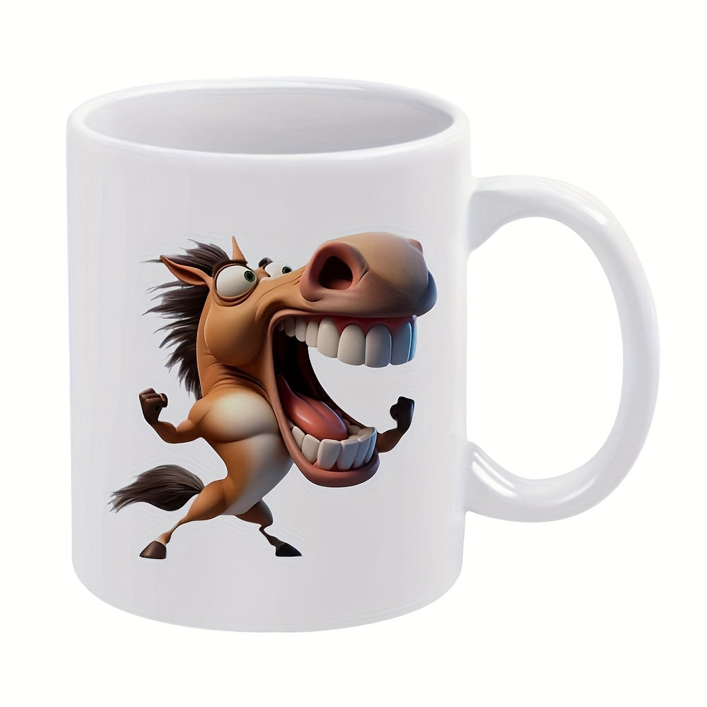 Tailorly White Ceramic 11 oz Mug - Funny Energetic Character Laughing With Wide Open Mouth Showing Big Teeth Horse