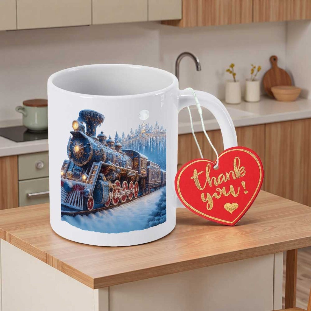 Tailorly White Ceramic 11 oz Mug - Thank You Powerful Vintage Steam Locomotive Traveling Through A Snowy Winter Landscape Train