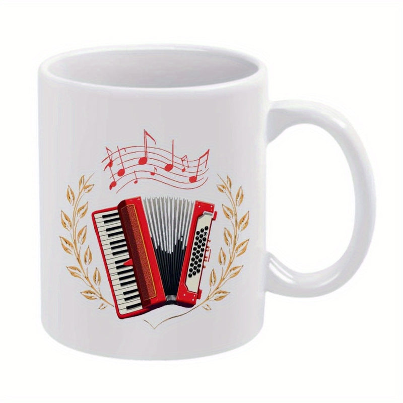Tailorly White Ceramic 11 oz Mug - Classic Red Musical Instrument With Golden Laurel Wreath And Dancing Notes Accordion