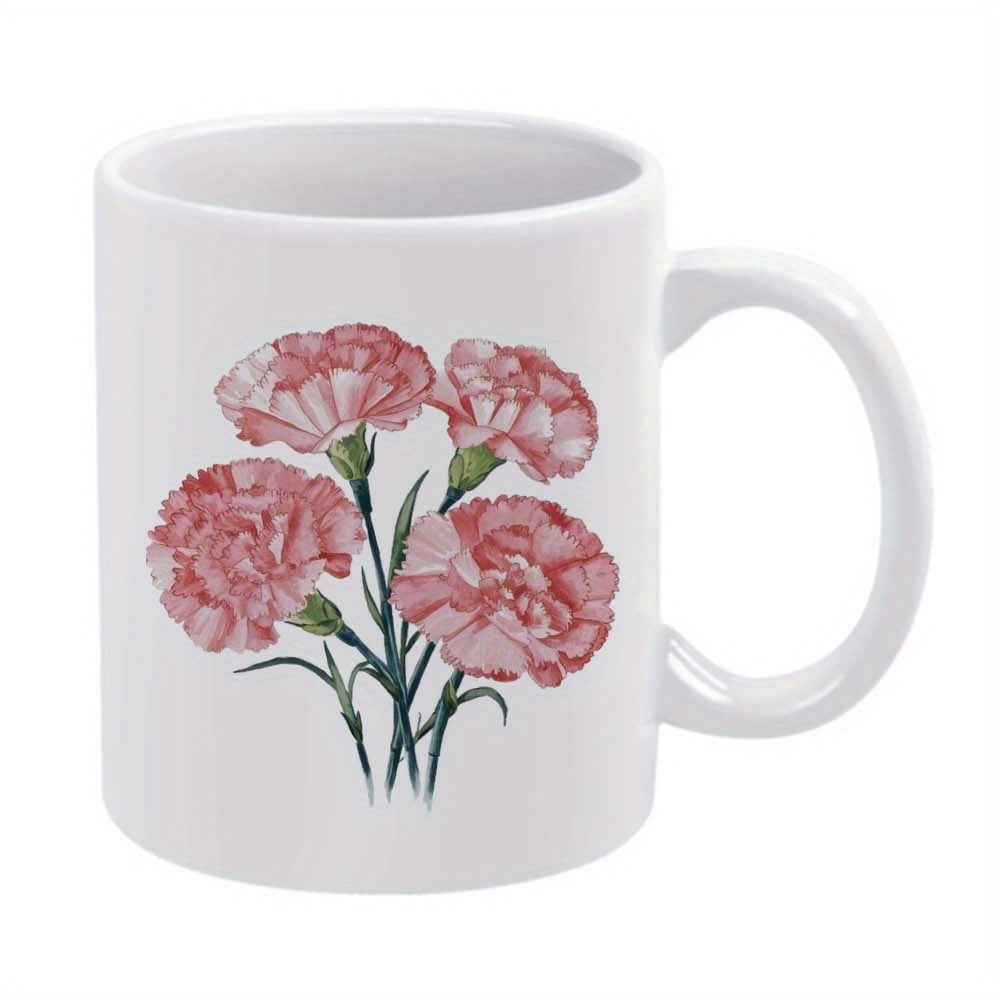 Tailorly White Ceramic 11 oz Mug - Delicate Vintage Watercolor Pink Blossoms With Green Leaves Carnation