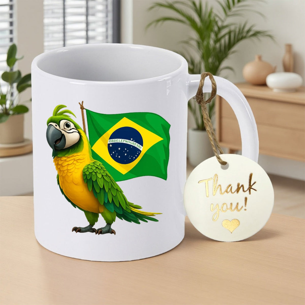 Tailorly White Ceramic 11 oz Mug - Thank You Vibrant Green And Yellow Macaw Holding A National Brazilian Flag Parrot