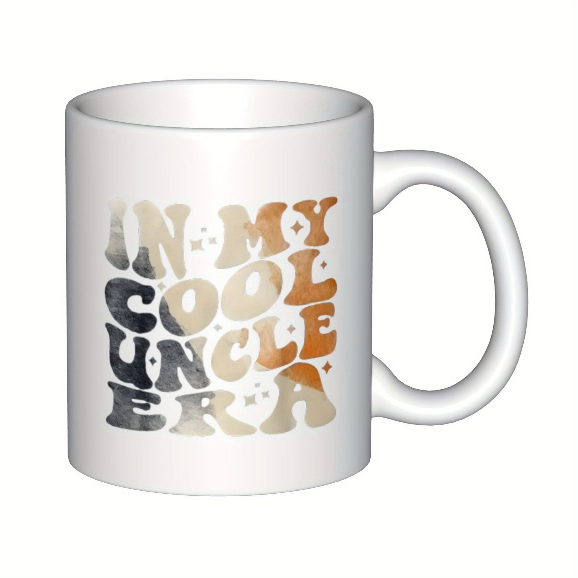 Tailorly White Ceramic 11 oz Mug - In My Cool Uncle Era Retro Groovy Lettering With Colorful Marble Texture And Sparkling Stars Mug