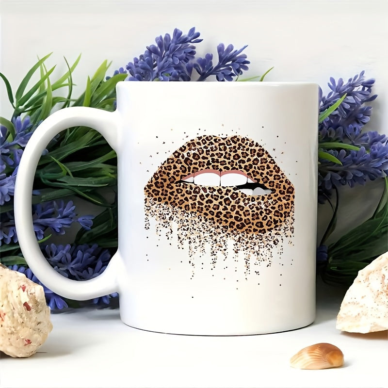 Tailorly White Ceramic 11 oz Mug - Wild Leopard Print Pattern With Sparkling Golden Glitter Dripping Effect Lips