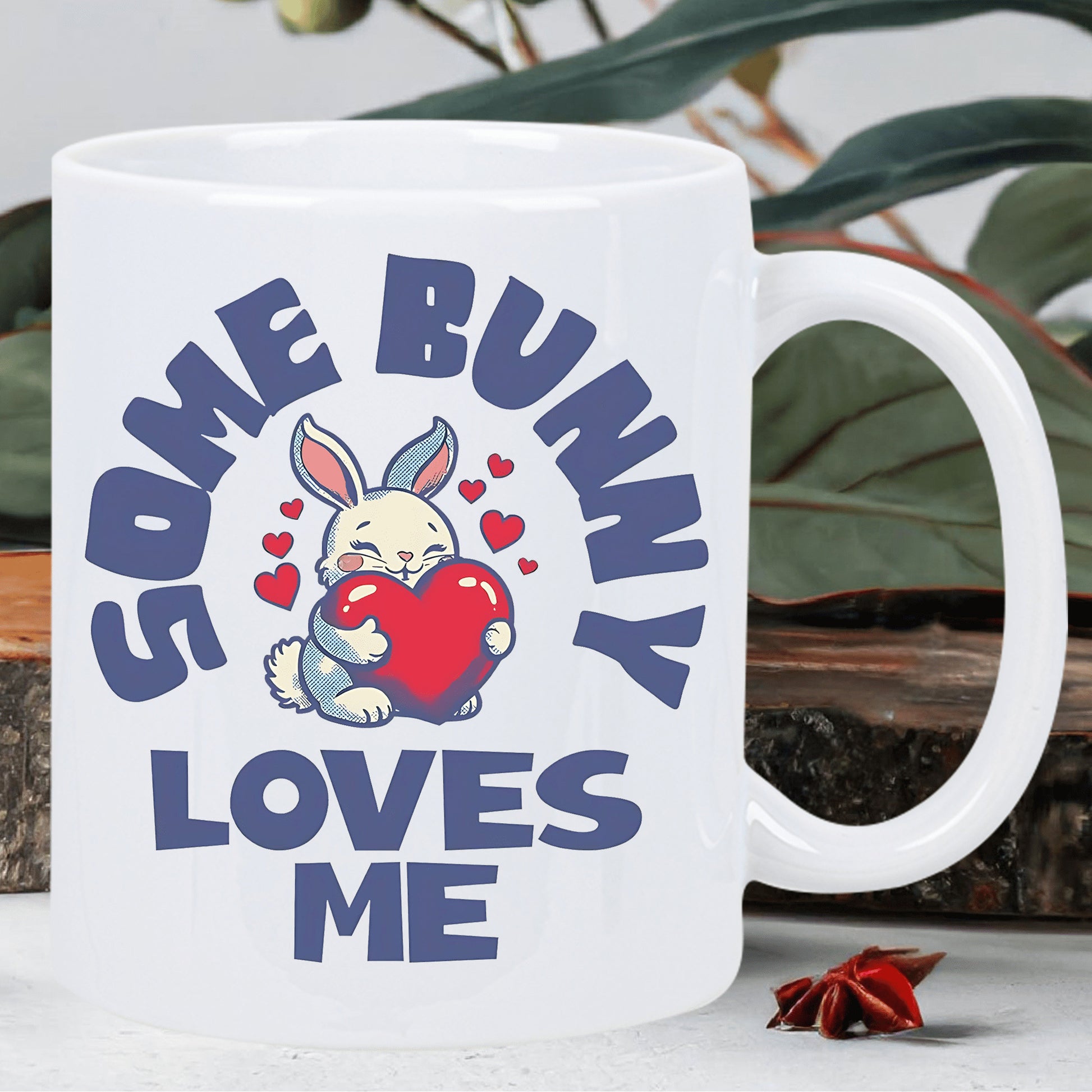 Tailorly White Ceramic 11 oz Mug - Some Bunny Loves Me Adorable Cartoon Character Holding Red Heart Among Small Floating Hearts Rabbit