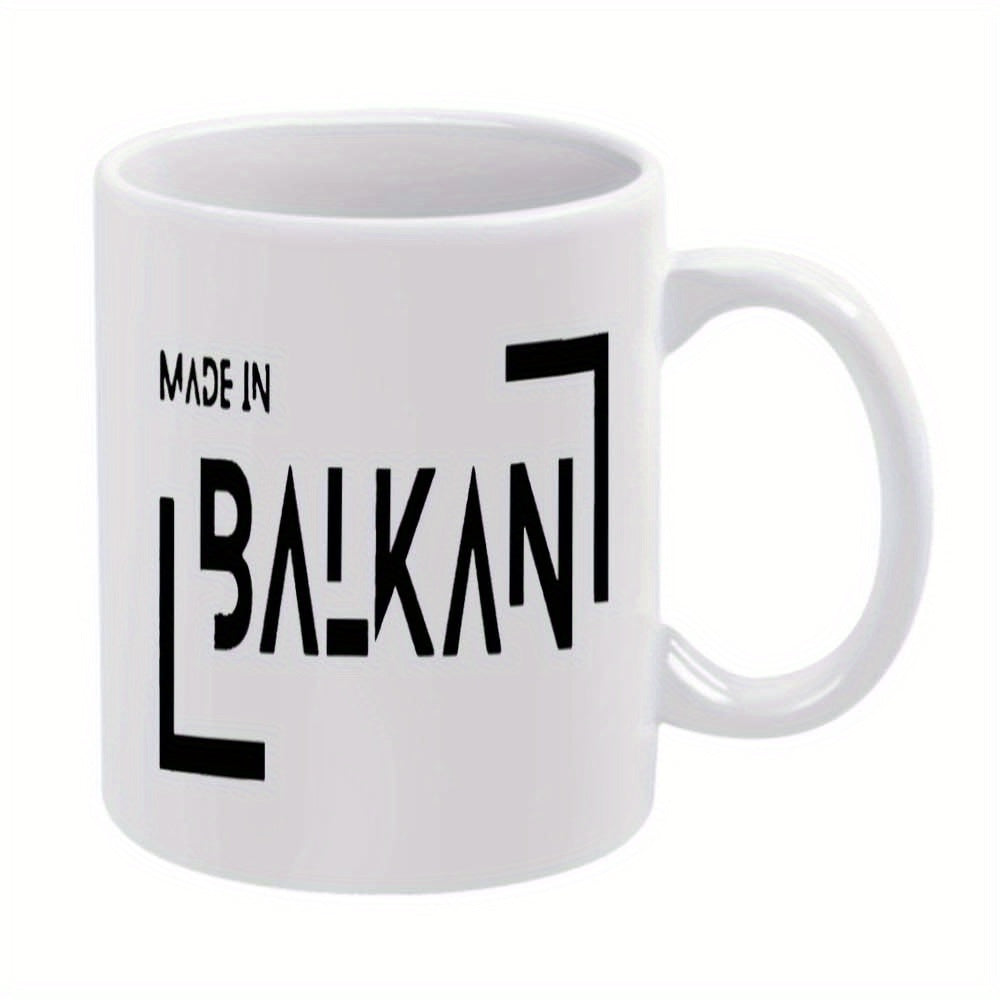 Tailorly White Ceramic 11 oz Mug - Made In Balkan Minimalist Geometric Black Stylized Typography Within Linear Angular Frame Mug