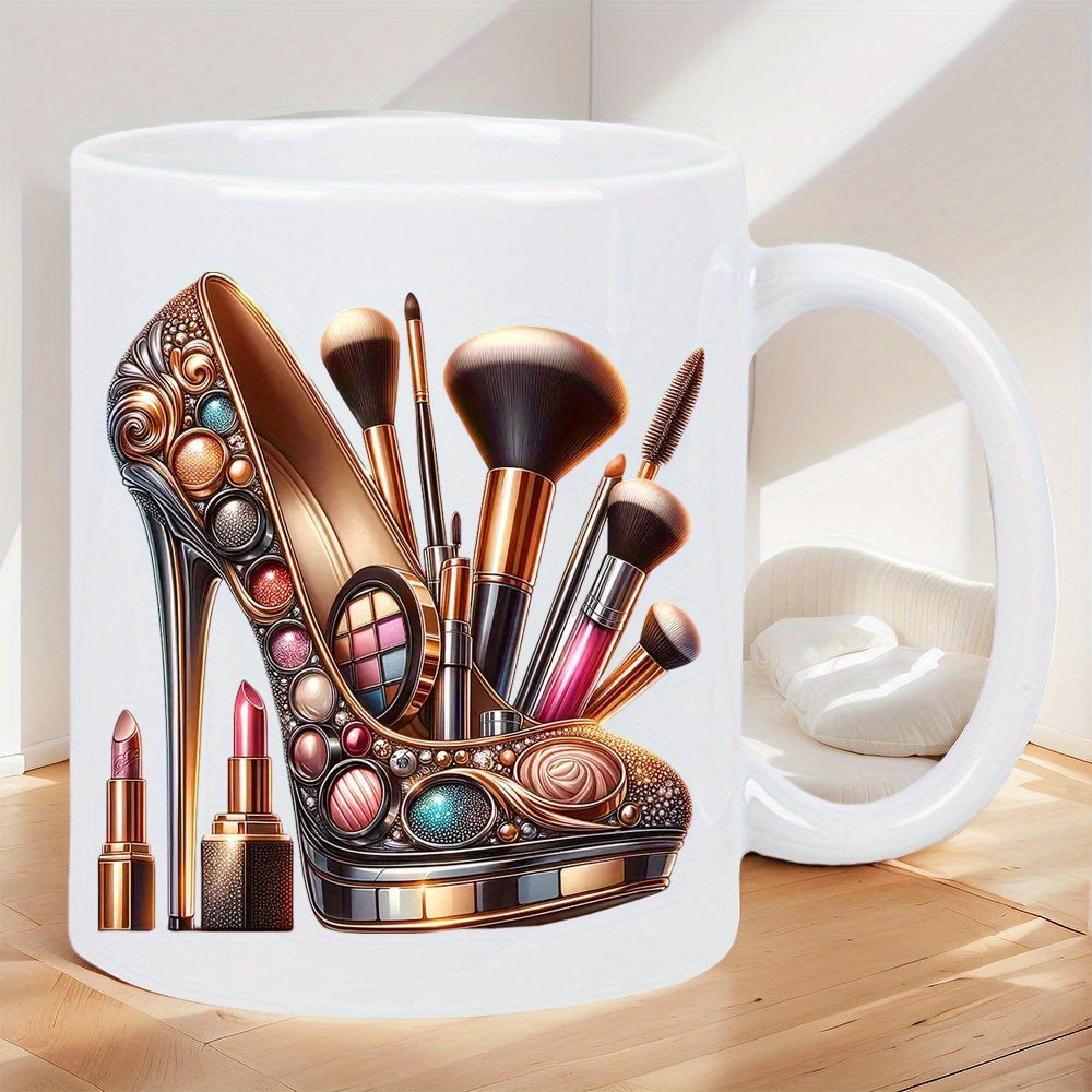 Tailorly White Ceramic 11 oz Mug - Elegant Stiletto Filled With Professional Makeup Brushes And Cosmetic Lipstick Shoe