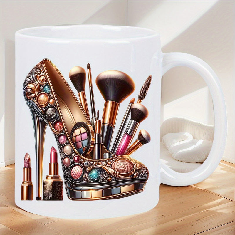 Tailorly White Ceramic 11 oz Mug - Elegant Stiletto Filled With Professional Makeup Brushes And Cosmetic Lipstick Shoe