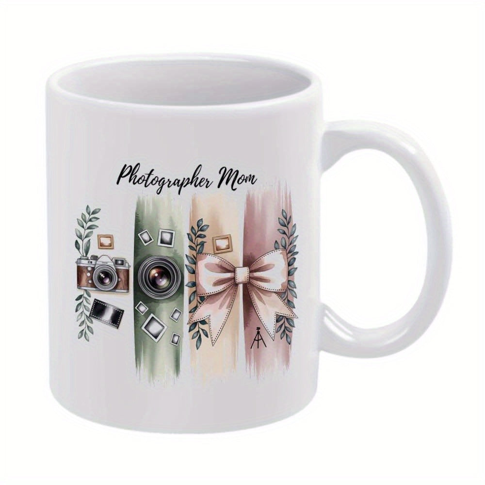 Tailorly White Ceramic 11 oz Mug - Photographer Mom Vintage Camera Lens Decorative Bow With Delicate Leafy Branches Mug