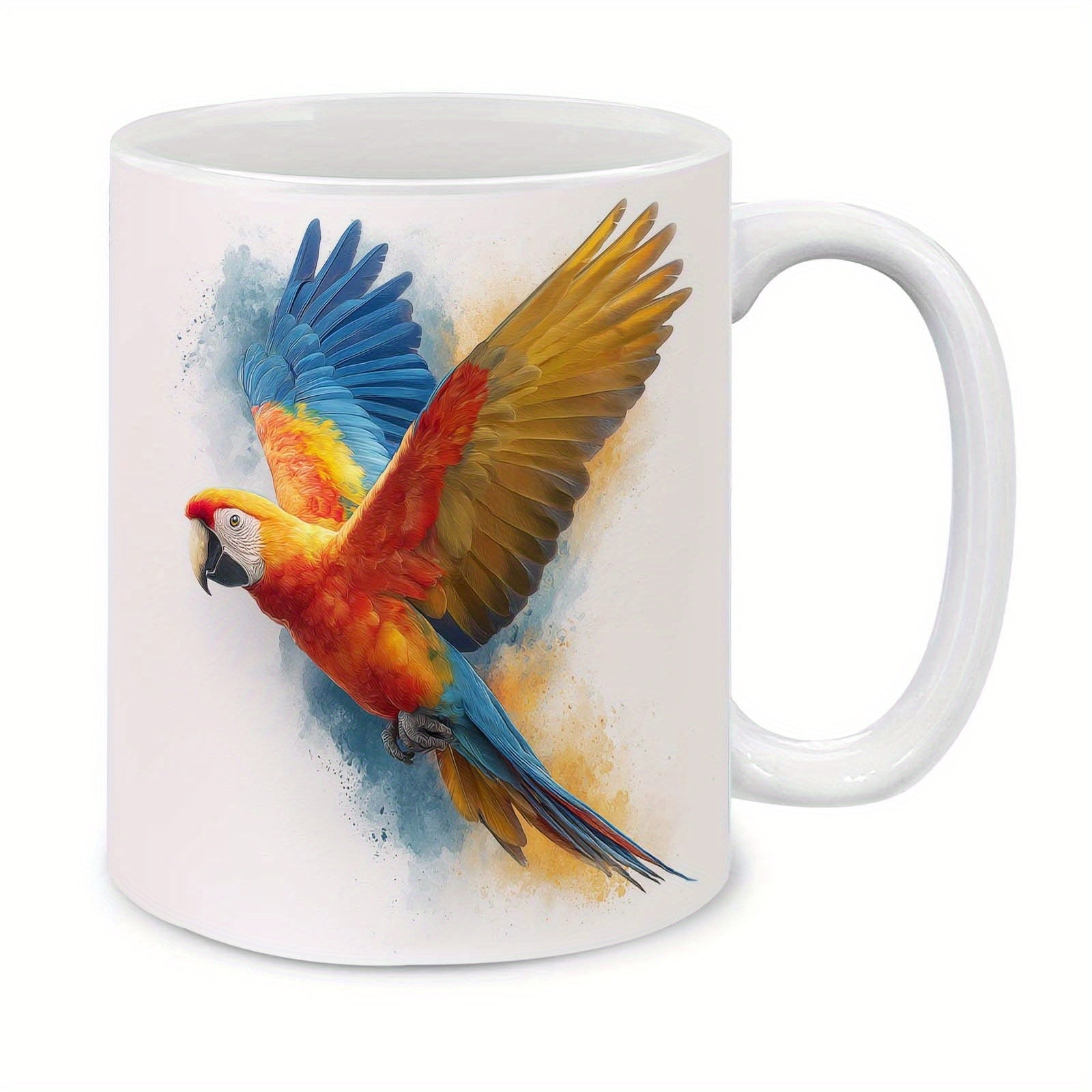 Tailorly White Ceramic 11 oz Mug - Vibrant Watercolor Macaw Spreading Its Colorful Wings In Mid Air Flight Parrot