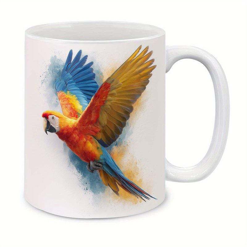 Tailorly White Ceramic 11 oz Mug - Vibrant Watercolor Macaw Spreading Its Colorful Wings In Mid Air Flight Parrot