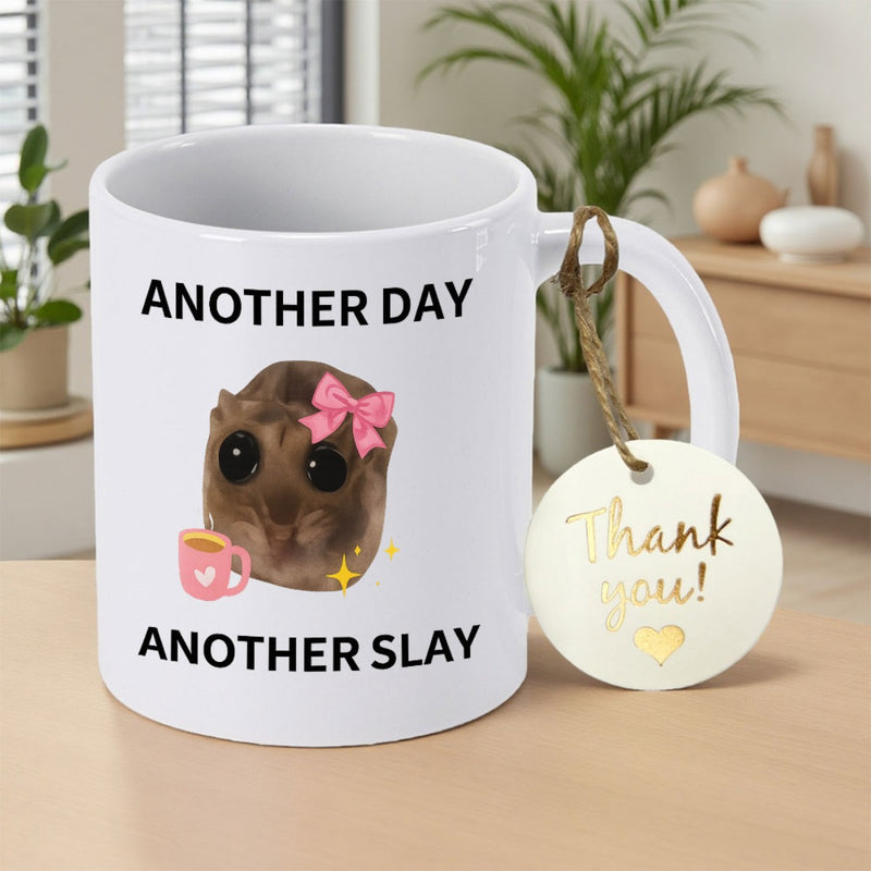 Tailorly White Ceramic 11 oz Mug - Another Day Another Slay Adorable Brown Hamster Wearing Pink Bow Drinking From Heart Patterned Cup Hamster