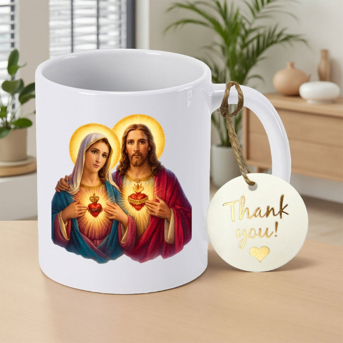 Tailorly White Ceramic 11 oz Mug - Thank You Sacred Heart Image Of Jesus And Mary Under Glowing Halos Icon