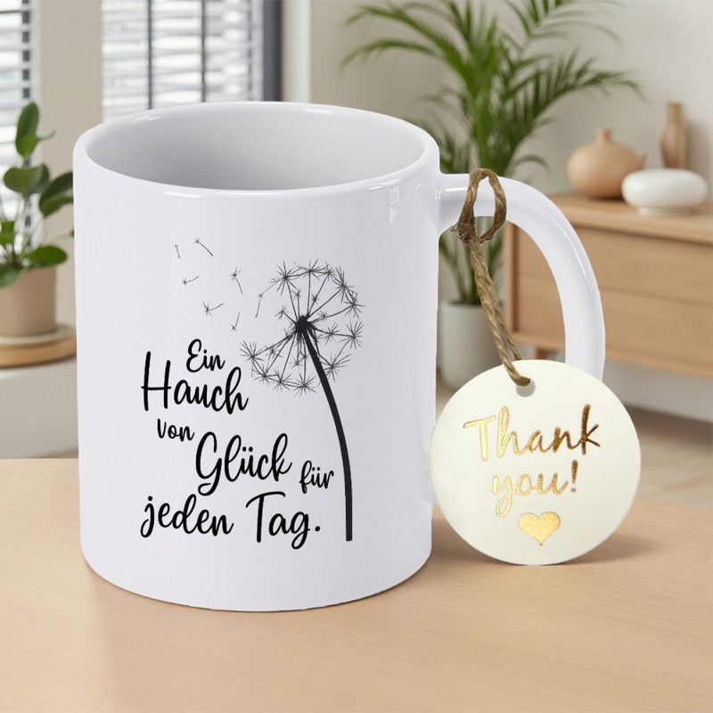 Tailorly White Ceramic 11 oz Mug - Thank You Seeds Drifting In The Wind Under A Delicate Blooming Summer Floral Dandelion
