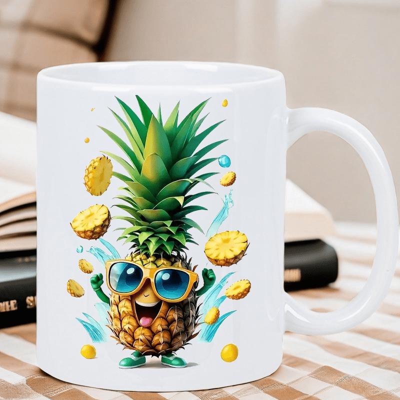 Tailorly White Ceramic 11 oz Mug - Vibrant Cartoon Character Wearing Blue Sunglasses Among Floating Sliced Tropical Fruit Pineapple