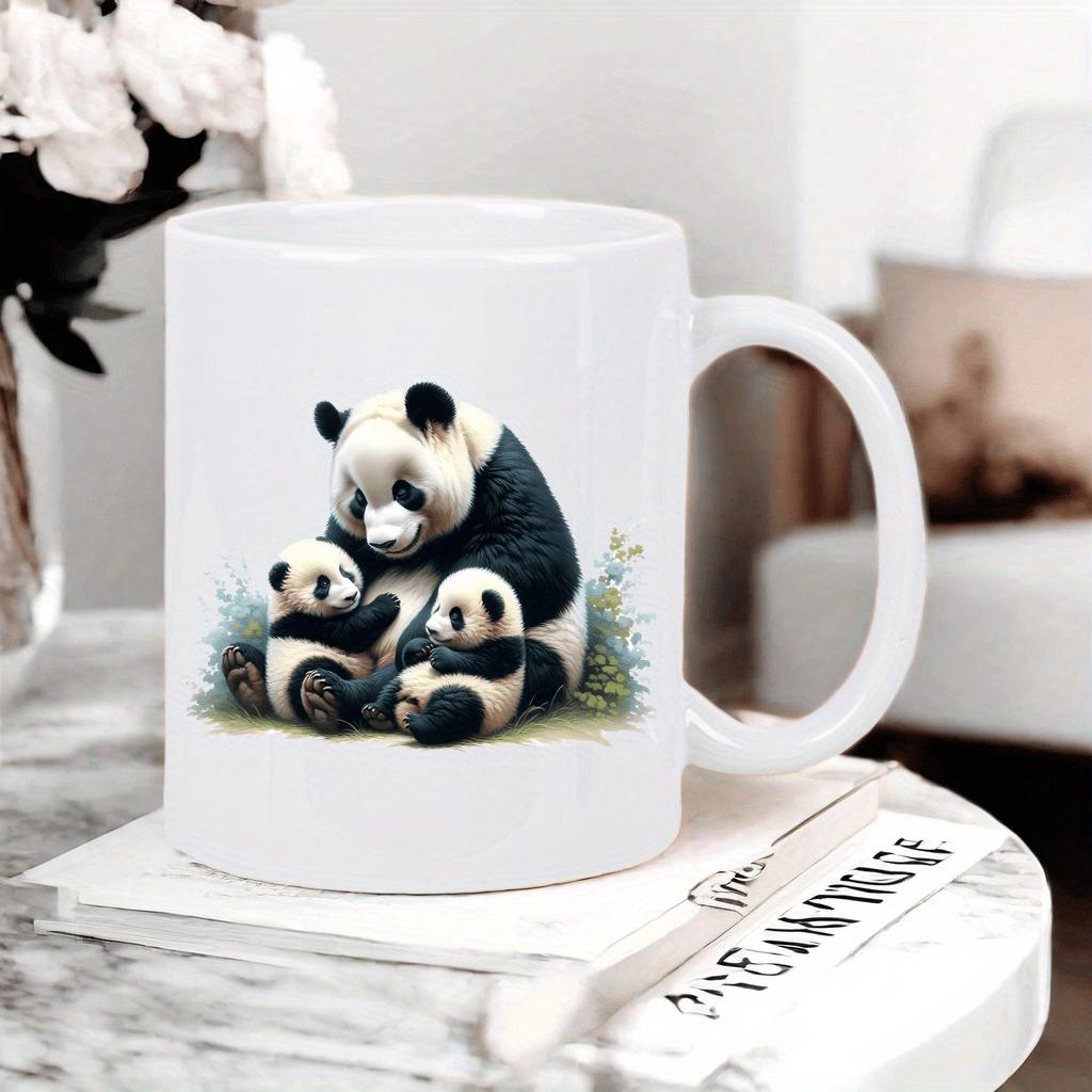 Tailorly White Ceramic 11 oz Mug - Adorable Mother Panda And Cute Cubs Resting On Soft Green Grass Panda