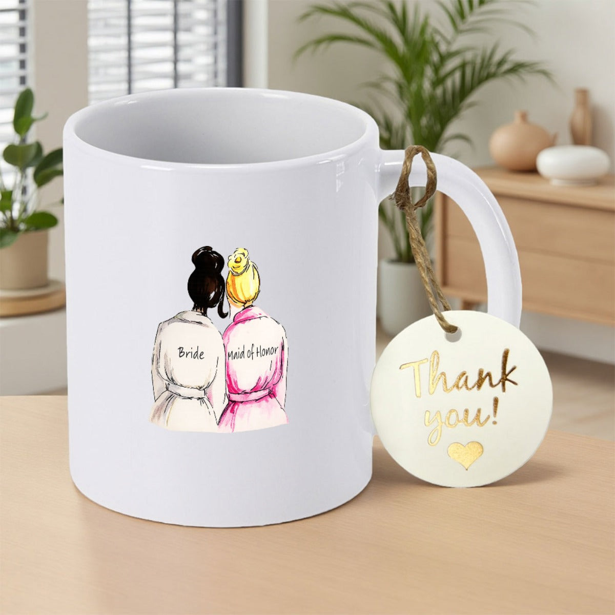 Tailorly White Ceramic 11 oz Mug - Bride Maid Of Honor Thank You Two Elegant Best Friends Wearing Silk Robes During Wedding Preparation Day Bridesmaids