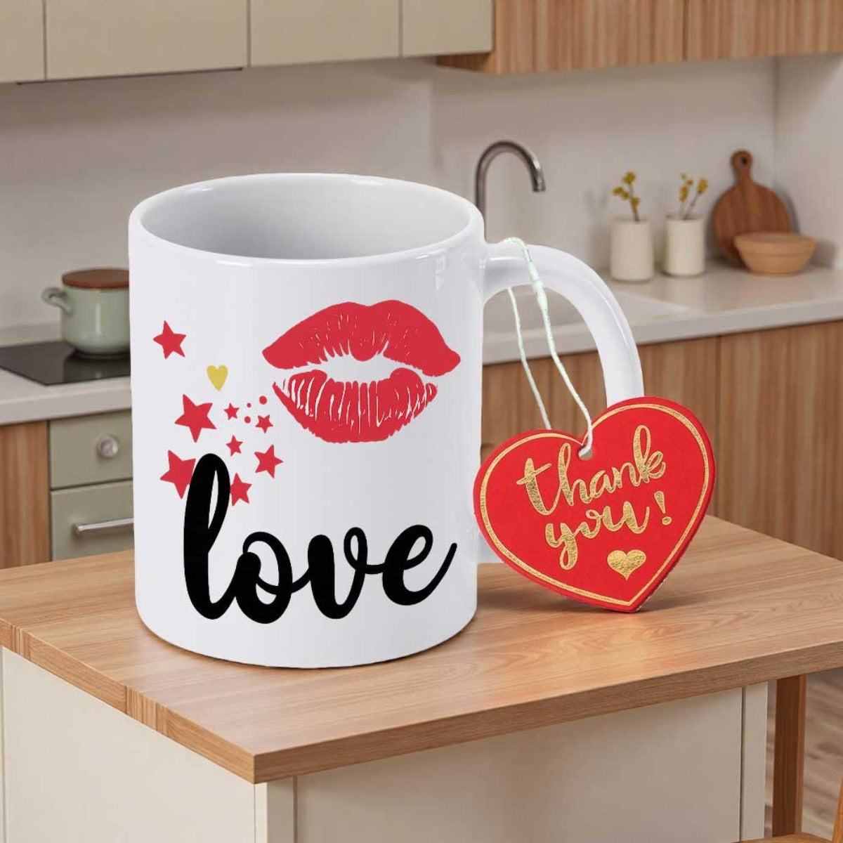 Tailorly White Ceramic 11 oz Mug - Love Vibrant Red Kiss Mark Surrounded By Twinkling Stars And A Glowing Star Mug
