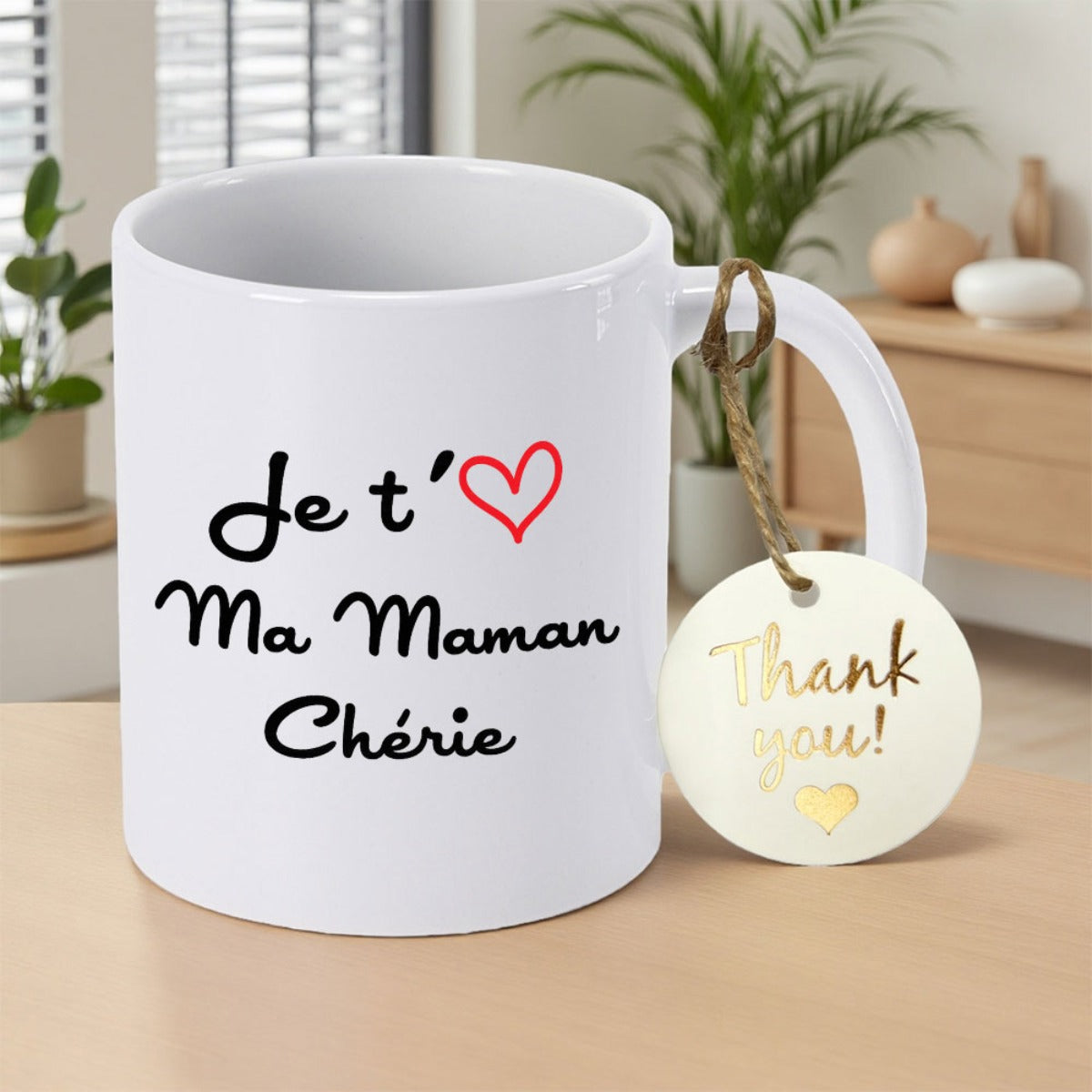 Tailorly White Ceramic 11 oz Mug - Thank You Minimalist Red Outline Symbol Placed Between Flowing Hand Written Style Letters Heart