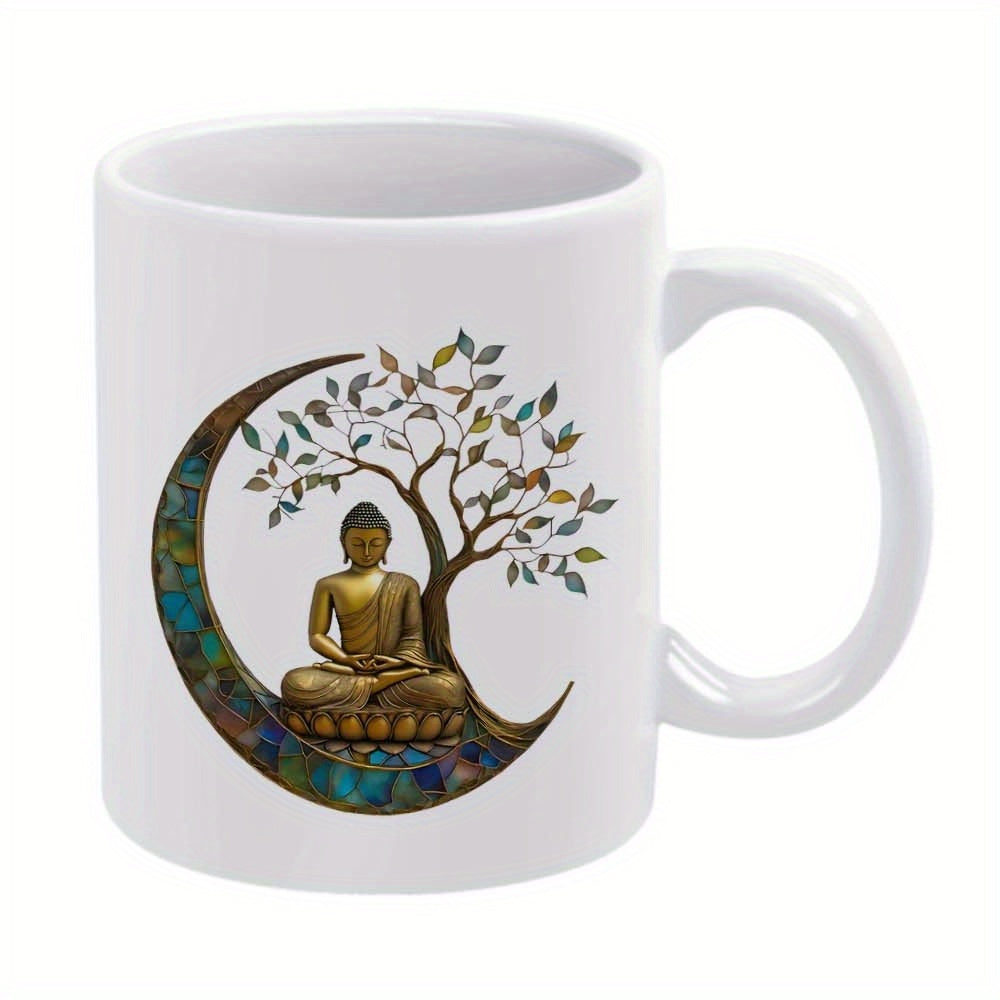 Tailorly White Ceramic 11 oz Mug - Peaceful Figure Meditating Under A Colorful Tree Within Artistic Crescent Patterned Moon Buddha