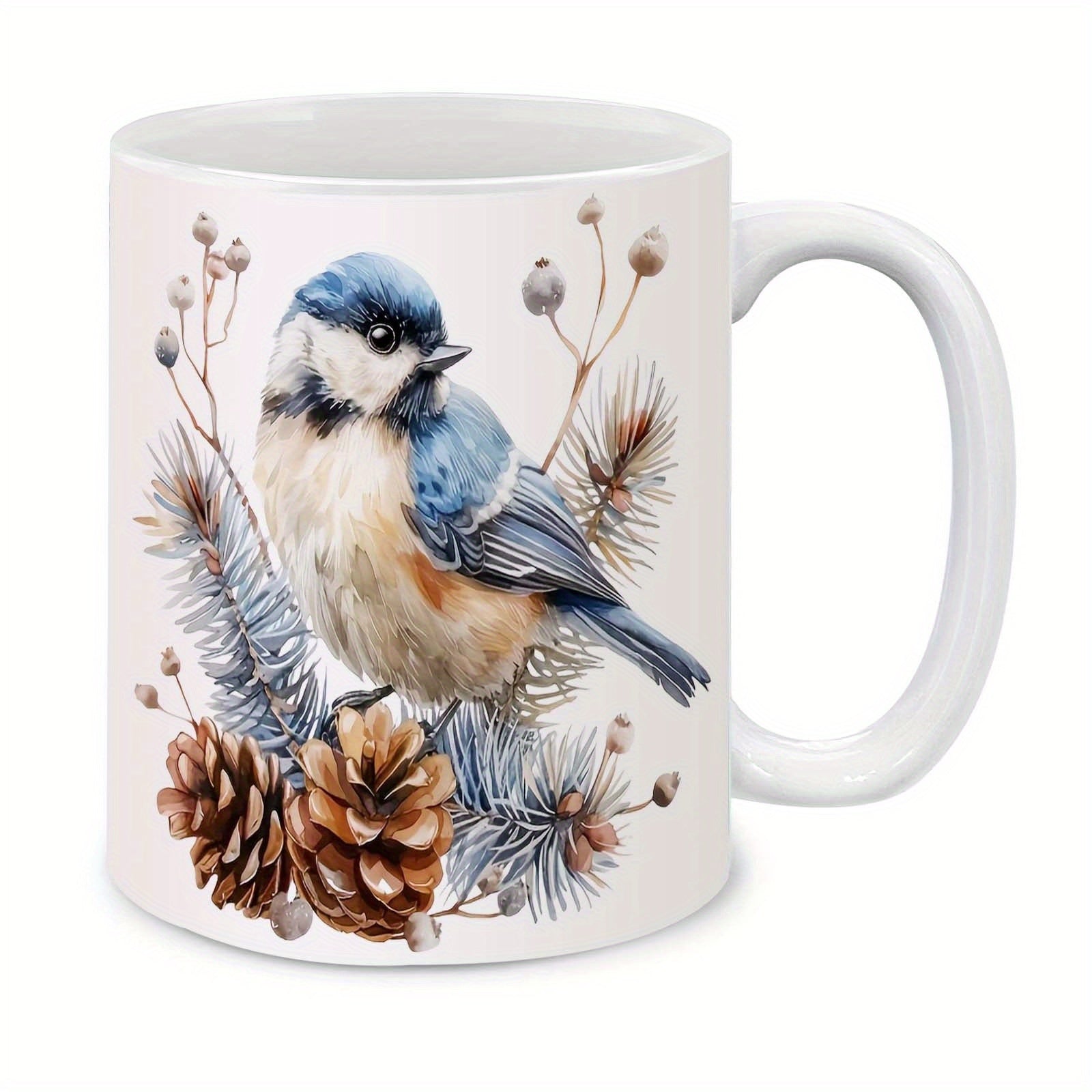 Tailorly White Ceramic 11 oz Mug - Vibrant Blue Songbird Resting Among Frosty Pine Branches And Pinecones Bird