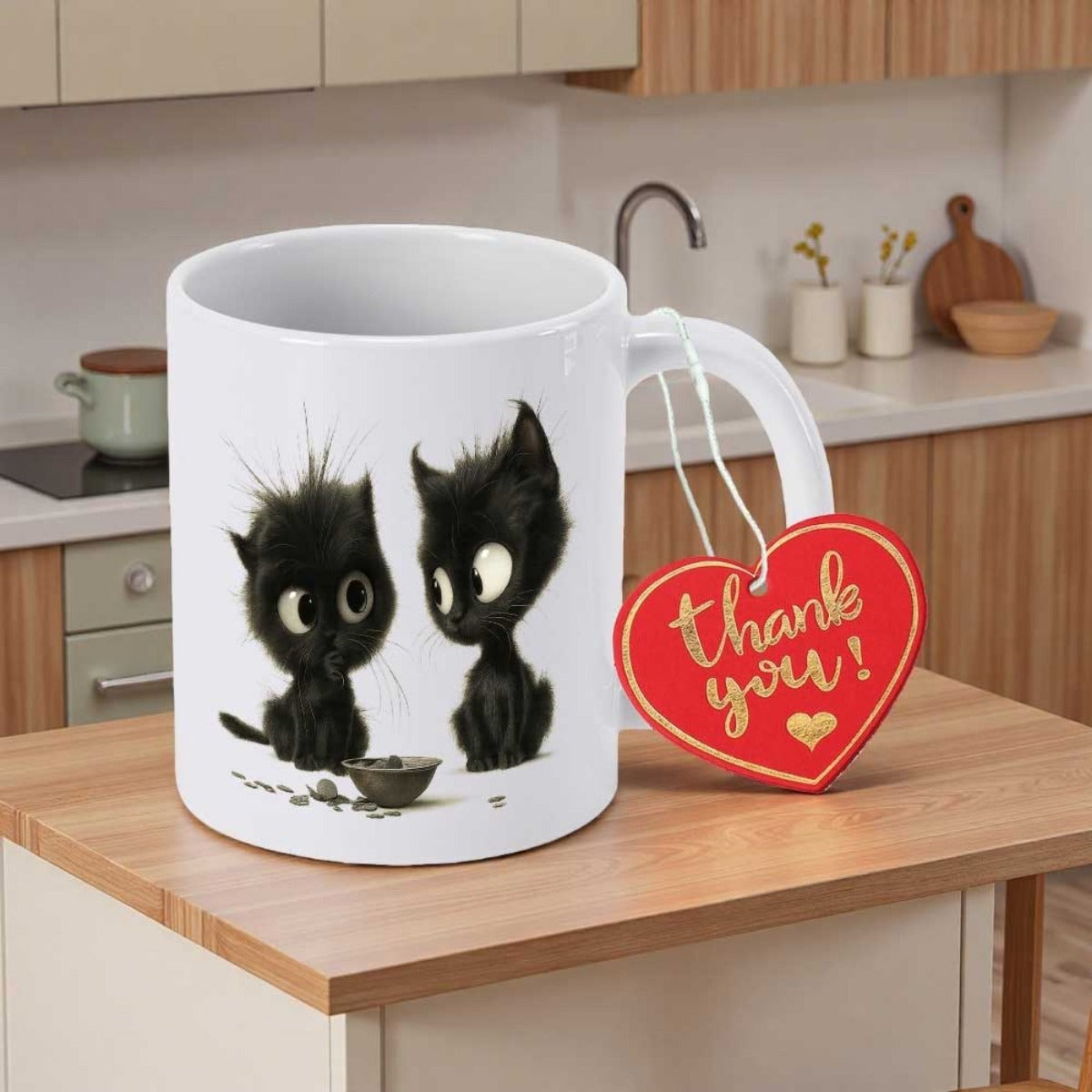 Tailorly White Ceramic 11 oz Mug - Thank You Two Adorable Fuzzy Black Kittens With Large Curious Eyes Beside Bowl Cat