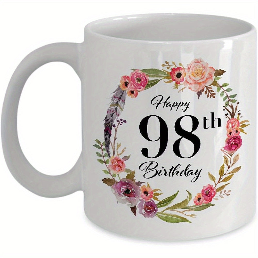 Tailorly White Ceramic 11 oz Mug - Happy 98th Birthday Elegant Floral Wreath With Colorful Roses And Feathers Green Leaves Wreath
