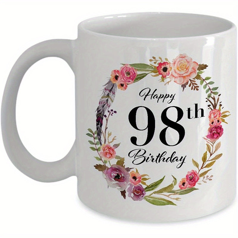 Tailorly White Ceramic 11 oz Mug - Happy 98th Birthday Elegant Floral Wreath With Colorful Roses And Feathers Green Leaves Wreath