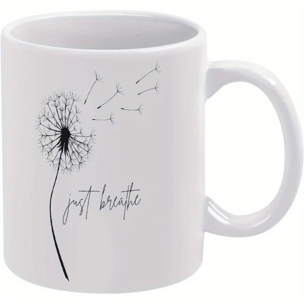 Tailorly White Ceramic 11 oz Mug - Just Breathe Minimalist Black Line Drawing Dandelion Seeds Blowing Gently In The Wind Dandelion