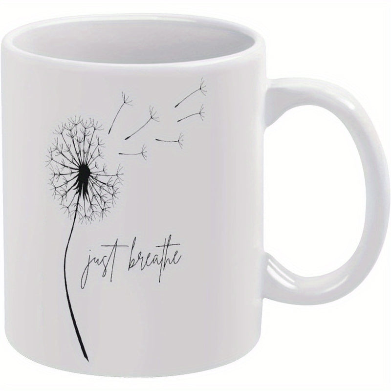 Tailorly White Ceramic 11 oz Mug - Just Breathe Minimalist Black Line Drawing Dandelion Seeds Blowing Gently In The Wind Dandelion