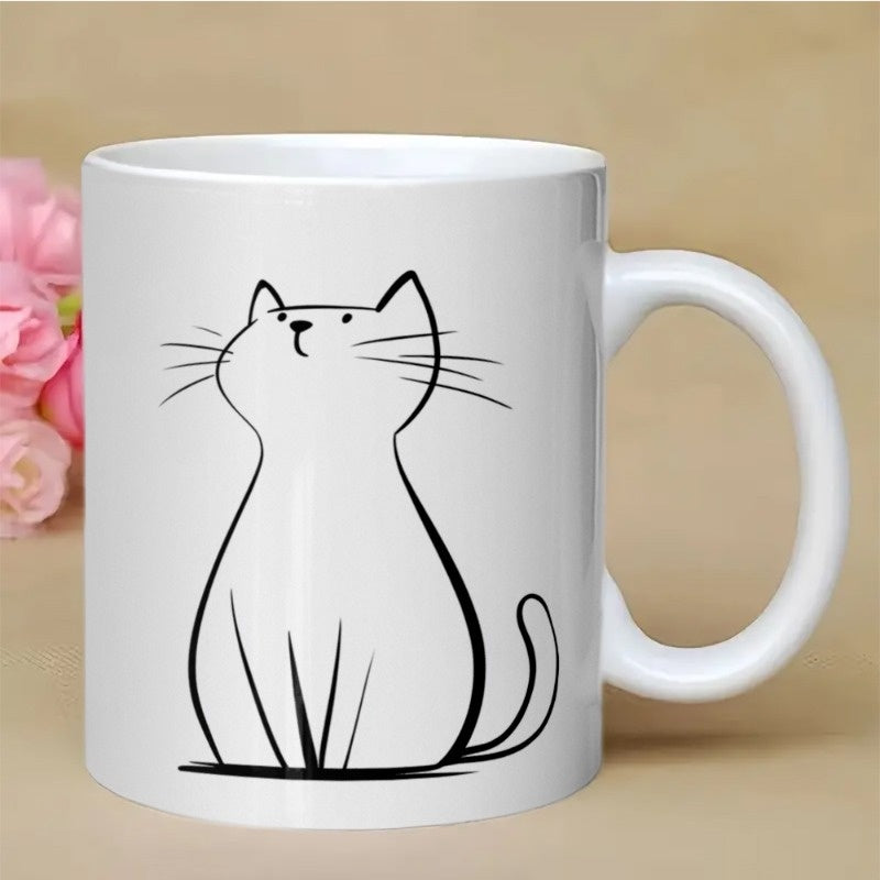Tailorly White Ceramic 11 oz Mug - Minimalist Black Line Art Sitting With A Curious Expression Looking Upward Cat
